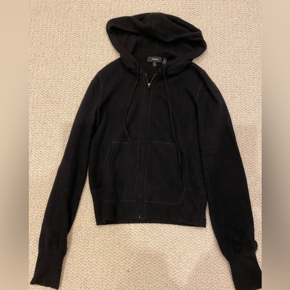 Theory black 100% Cashmere zip,up hoodie cropped. Size P